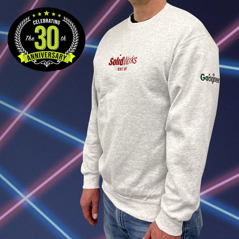 Retro SOLIDWORKS/GoEngineer Logo Sweatshirt - Light Gray - 3/4 View with 30th Anniversary Badge