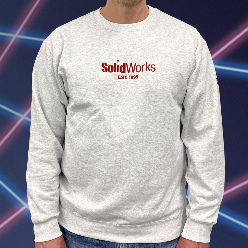 Retro SOLIDWORKS/GoEngineer Logo Sweatshirt - Light Gray - 3/4 View with 30th Anniversary Badge